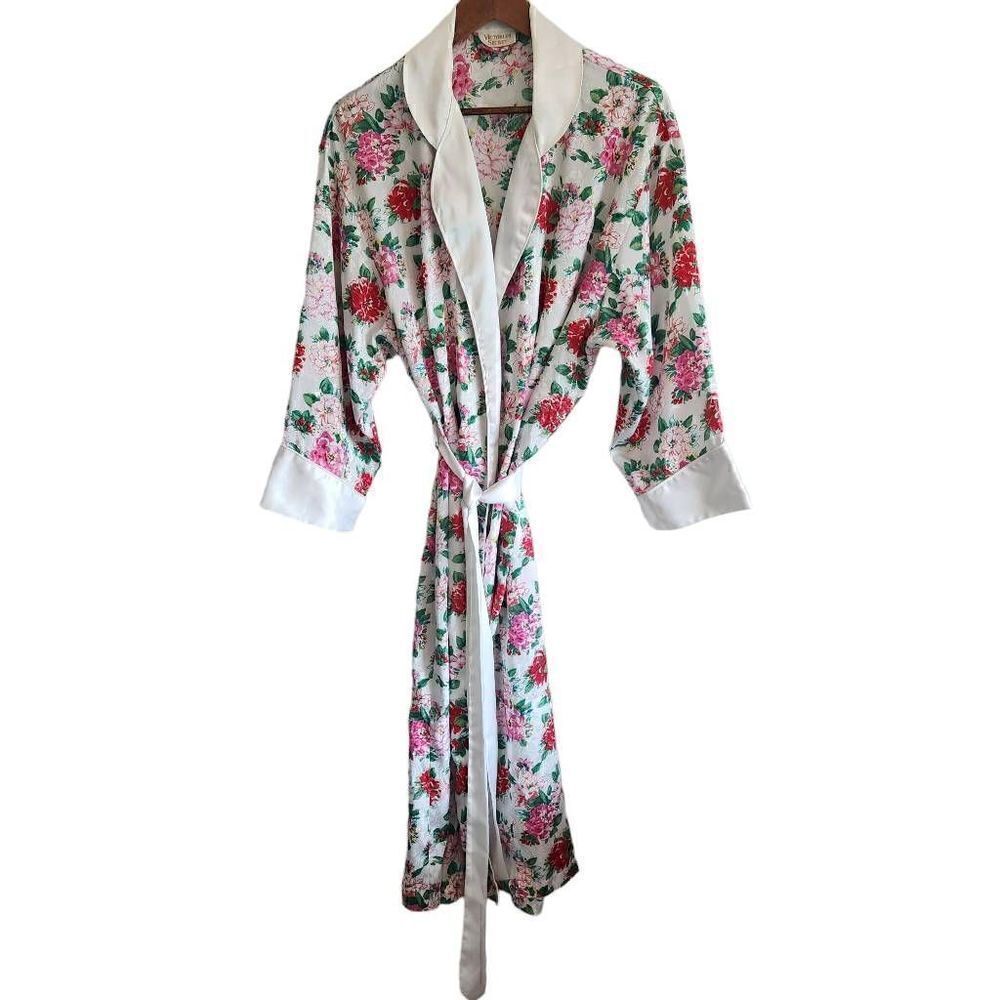 VTG 90s Victorias Secret Robe Womens Small Floral Satin Full Length Long Gold La